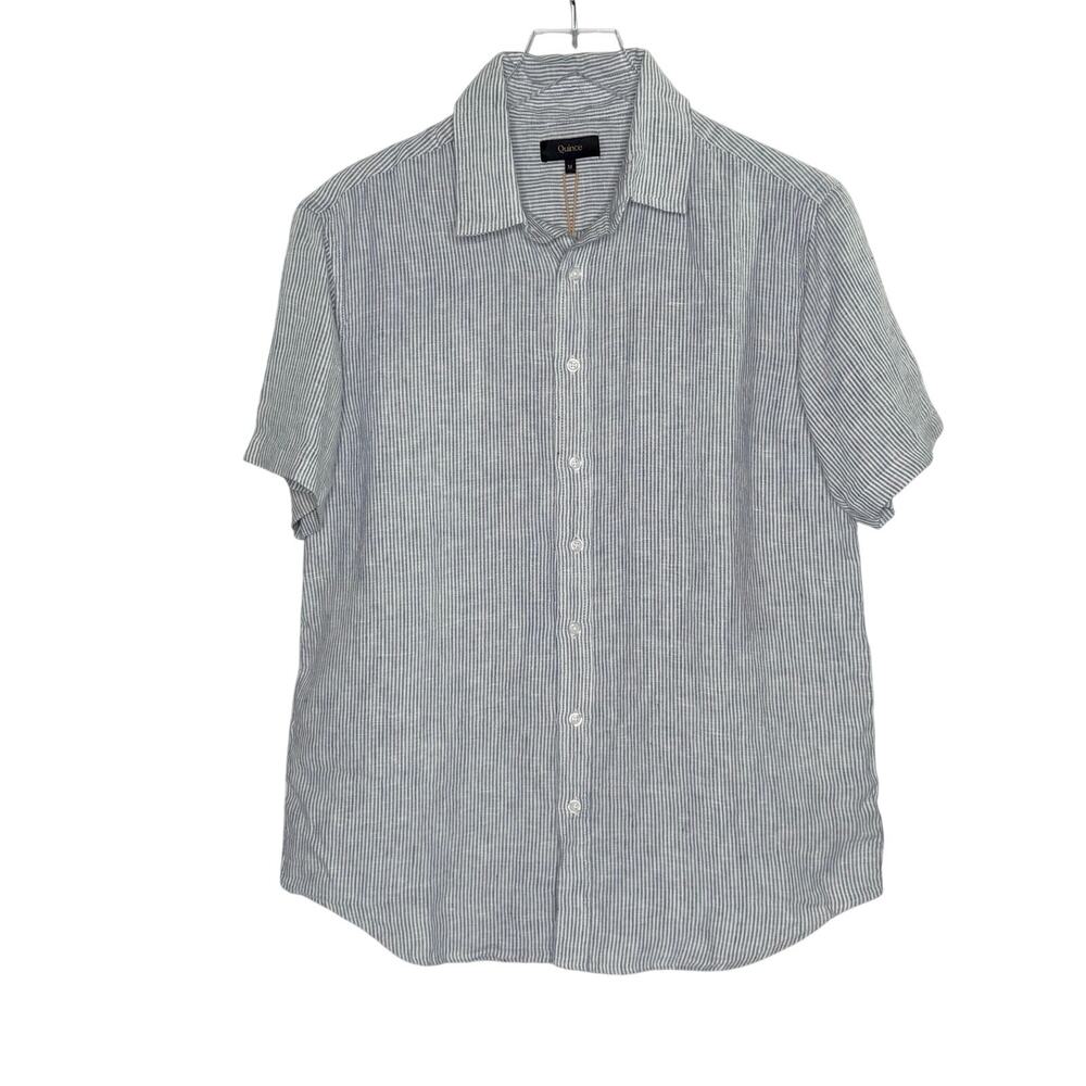 Quince 100% European Linen Relaxed Short Sleeve Shirt Blue Pinstripe M NEW